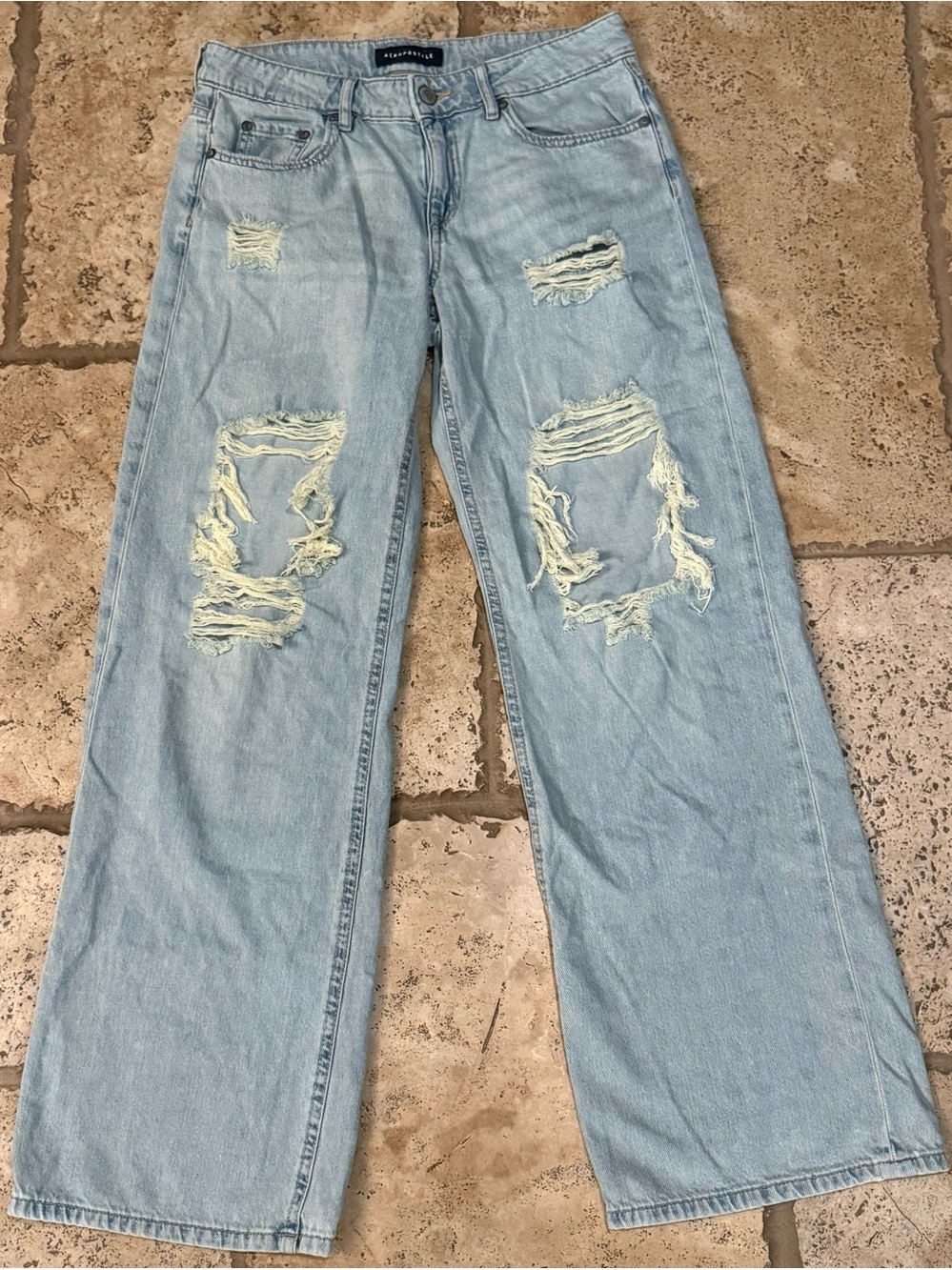 Aeropostale Light Blue Distressed Wide-Leg Jeans